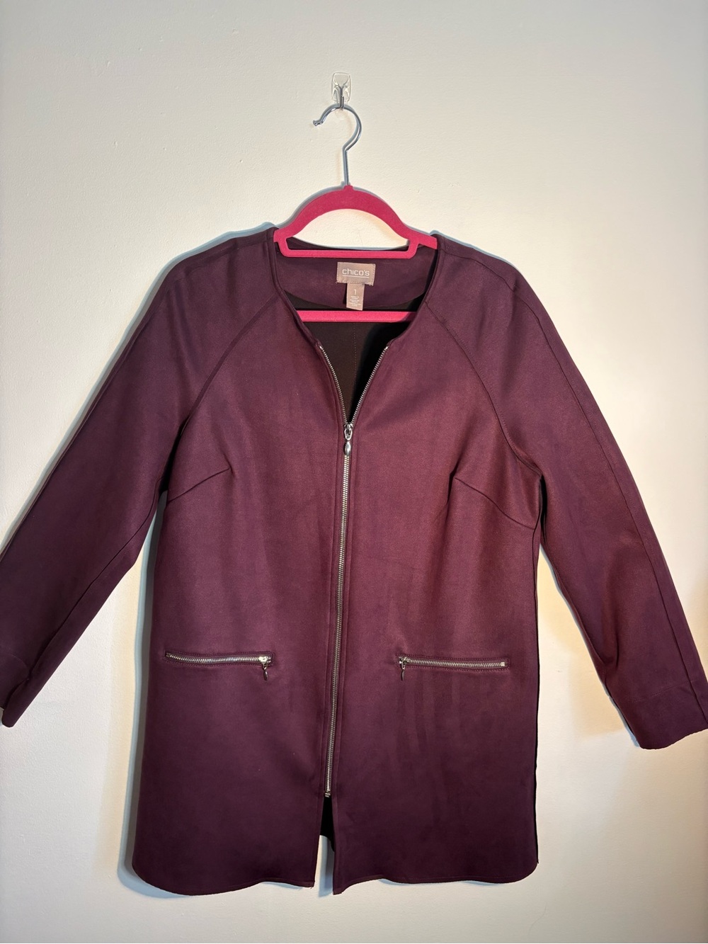 Chico’s Burgundy Faux Suede Long Zip Jacket Size 1